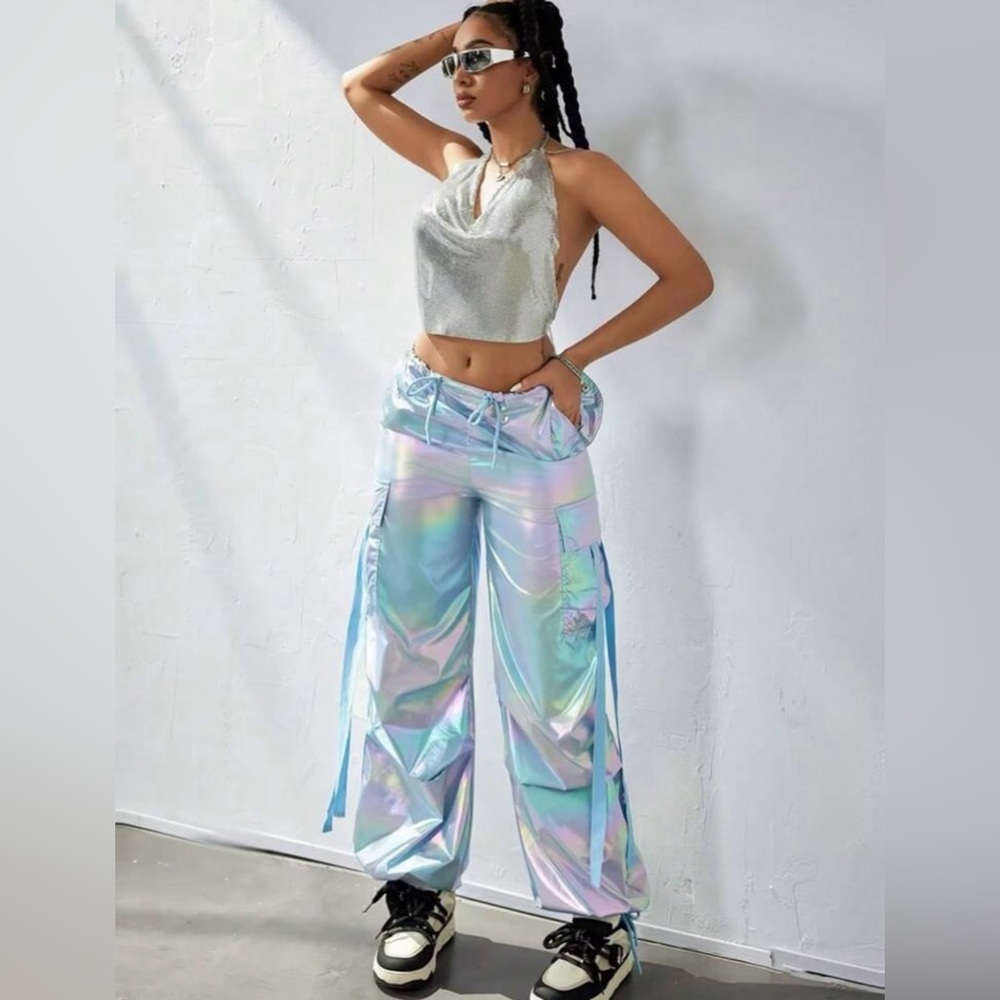 Women’s Y2K Holographic Parachute Pocket Cargo UFO Baggy Dance Pants - Picture 7 of 14